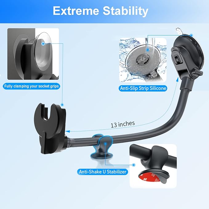 Car Phone Mount for Collapsible Grip/Socket Mount User,Windshield/Dashboard/Vent Phone Holder with Strong Suction Cup,13-Inches Long Arm Gooseneck Cell Phone Cradle for Swappable Grip Stand