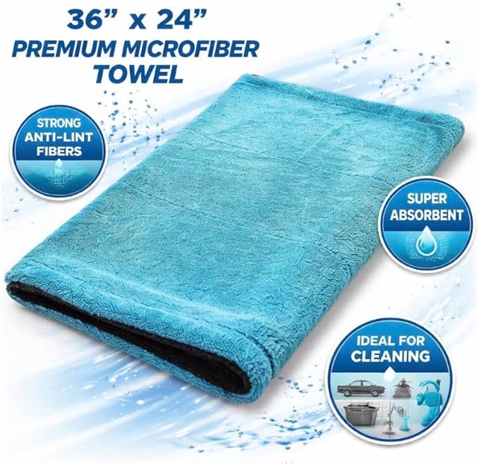 Car Drying Towel - 3ftx2ft XL-Popular Pick Among Detailing Pros -Aqua 1400 GSM Microfiber Accessory - Absorbs Over 8lbs of Water - Leaves No Streaks, Spots or Scratches-Dries an Entire Car