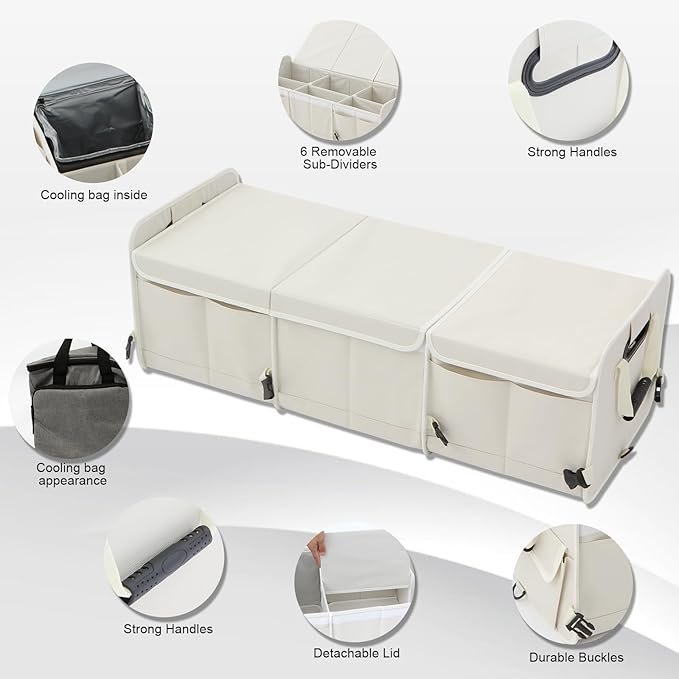 [2025 Upgrade] Off White Car Trunk Organizer With Built-In Insulated Leak Proof Cooler Bag, Storage Collapsible Multi Compartment Car Organizer Adjustable Straps for SUV