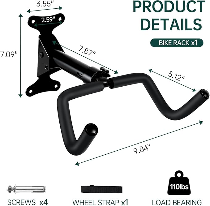 Black Bike Wall Mount Hanger Adjustable Space Saving Horizontal Bicycle Rack for Mountain Road Bikes Solid Home Garage Storage Cycling Holder Hook