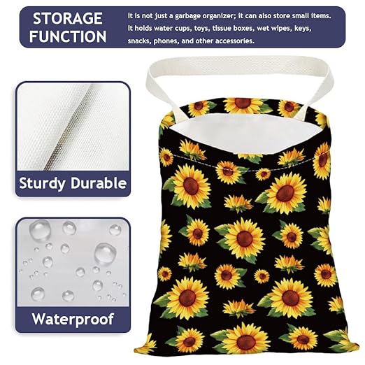Sunflower Print Car Trash Bag Hanging Garbage Bag with Snap Buttons Car-Back Seat Trash Storage Portable Dustbin for Car Interior Accessories Travel Camping