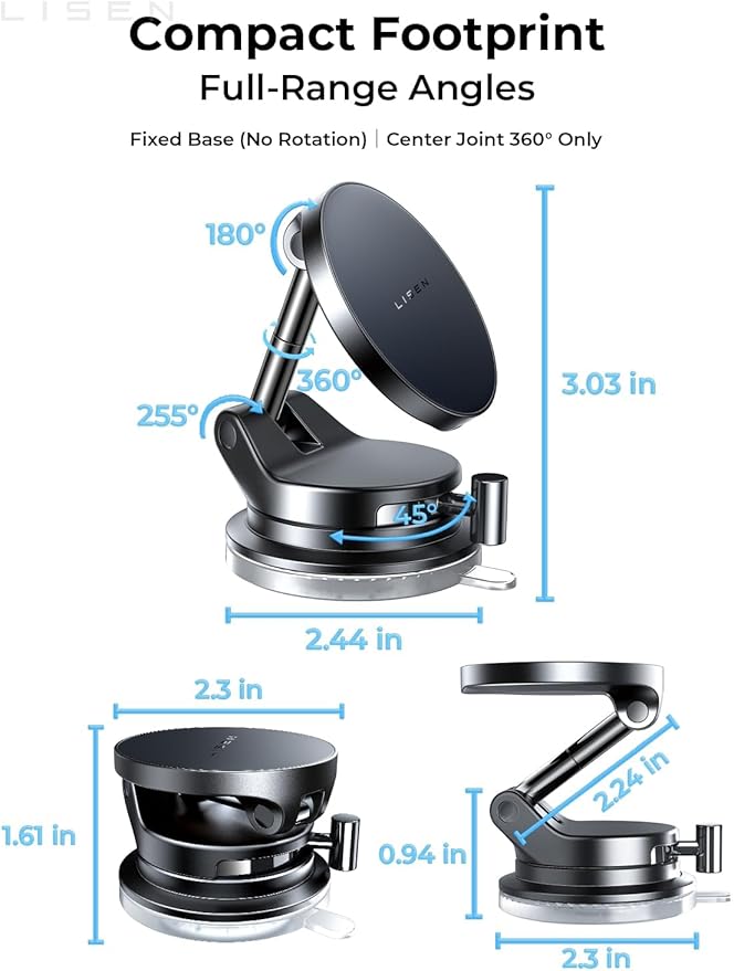 LISEN 15W Magsafe Car Mount Charger， [ SuctionPro ] 15W Wireless Car Charger, Suction Cup Phone Holder,360 Vacuum Magnetic Phone Holder for iPhone 17 Pro Max Air 17-12,Samsung S25 with MagSafe Case