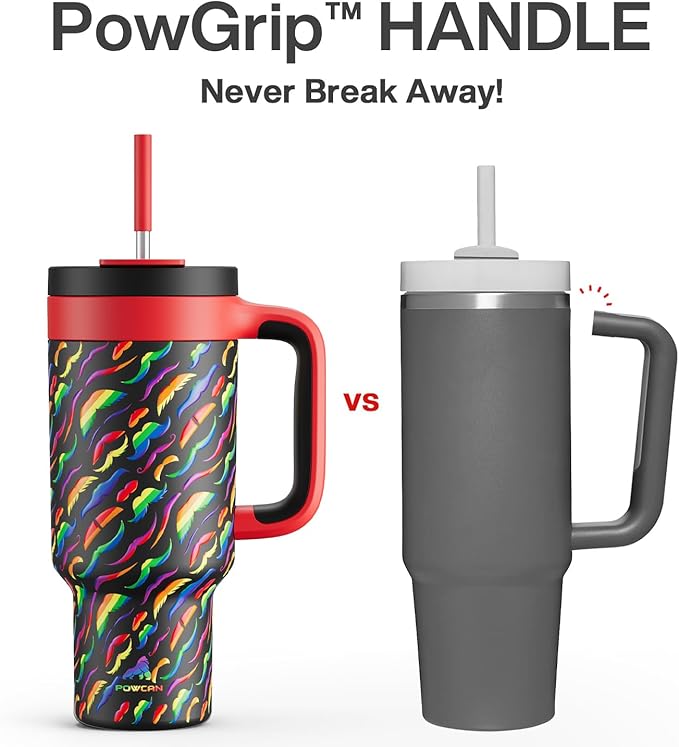 POWCAN 40 oz Tumbler with Handle, 2-in-1 Straw and Sip Lid, Leakproof, Dishwasher Safe, Insulated Stainless Steel Travel Coffee Mug, Keeps Cold for 34 Hours, Fits in Car Cup Holder (Rainbow Whiskers)