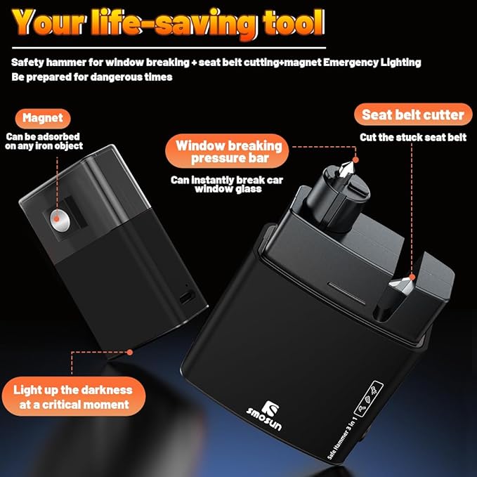 Upgraded Safe Hammer Glass Breaker Under Water, 3 in 1 Car Hammer Seatbelt Cutter Window Breaker Emergency Escape Tool, with Flashlight, Glass Breaker for New Cars (Black 2PCS)