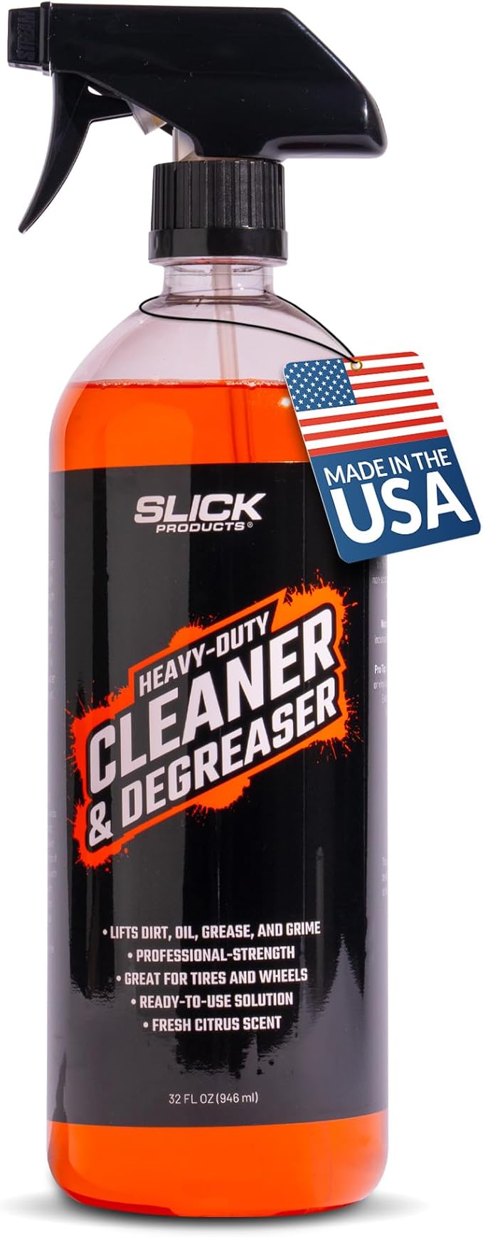 Slick Products Heavy-Duty Cleaner & Degreaser – Professional Strength Citrus Formula for Tires, Wheels, Engines, Chains & Tough Grime – Ready to Use or Dilute, 32 oz