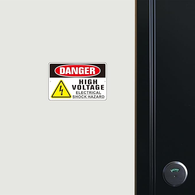 Danger High Voltage Sign, (2 Pack) Self Adhesive Aluminum Metal Electrial Shock Hazard Signs for Indoor Outdoor Use, Rust Free and Reflective Sticker (9 x 6 inches, Black/White)