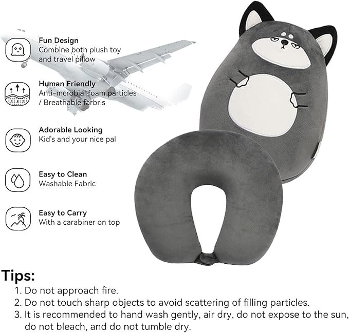 Kids Travel Pillow - 2-in-1 Deformable Kids Neck Pillow for Traveling, Soft U-Shaped Pillow with Adorable Animal Design, Comfy Sleep and Play, Ideal for Airplanes and Cars - Gray Husky