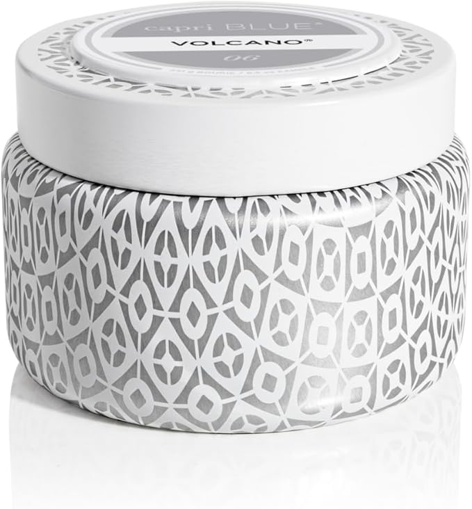 Capri Blue Volcano Printed Travel Tin Jar Candle - Luxury Candle with a Long Lasting Soy Wax Blend - Scented with Tropical & Fruity Fragrance (White Color, 8.5 oz)