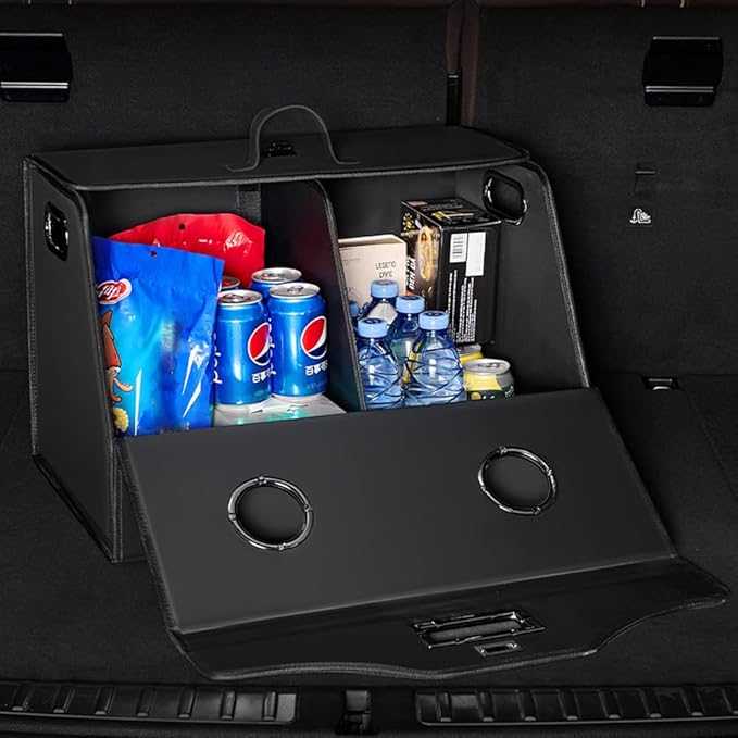 Leather Trunk Organizer,Foldable,Multi-Compartment,With Breathable Holes for Car SUV Truck MPV,Camping Picnic,Home Middle 20.8 * 13.7 * 13.7 inch Black