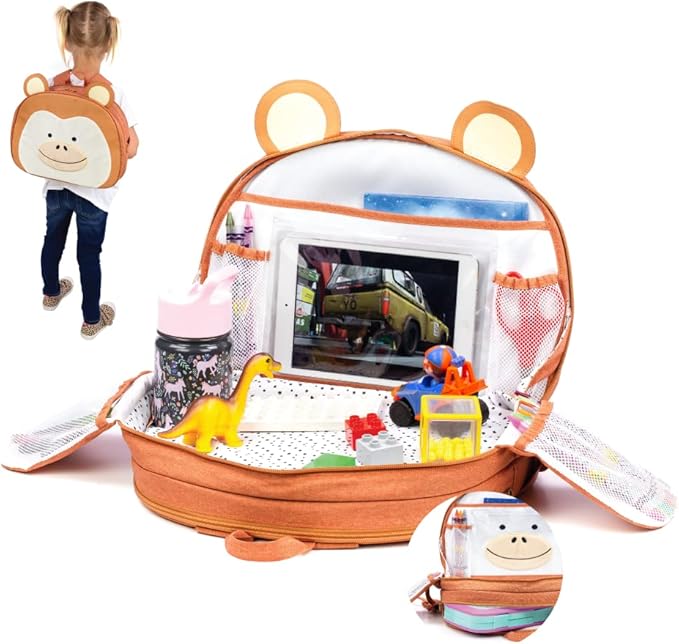 Lulyboo Toddler Car Seat Tray & Backpack - Multipurpose Travel Lap Desk with Built-in Cup Holder, 8 Storage Pockets, Waterproof Cover, Animal Unicorn Design, Inflatable Airplane & Car Travel Accessory