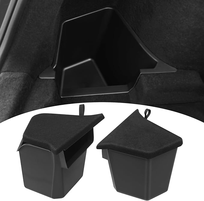 Trunk Storage Bins with Lids for 2026 Tesla Model Y Juniper 5 Seater, 2PCS TPE Side Cargo Organizer Boxes, Rear Trunk Containers with Suede Covers, Custom Fit Tesla Model Y Juniper Accessories