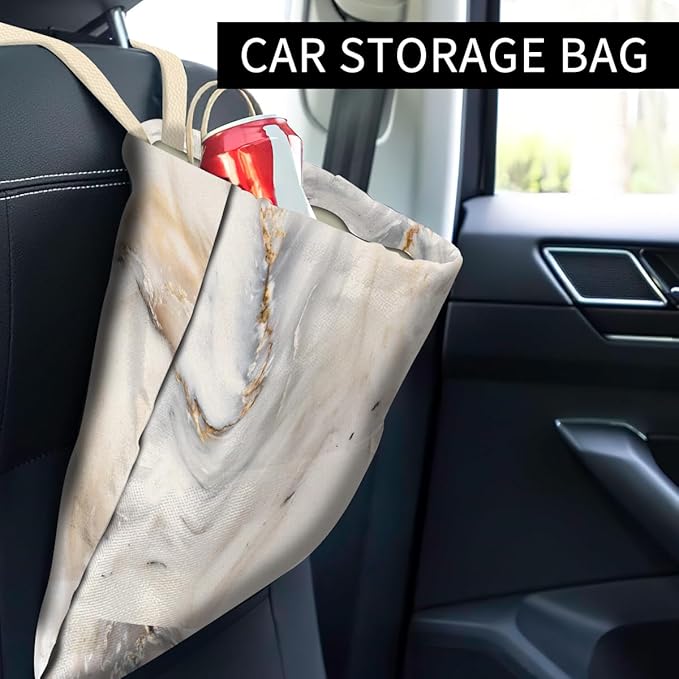 Car Trash Can, Cute Car Trash Bag, Hanging Car Organizer and Storage Bag, Trash Bin for Car Accessories, Vehicle, Travelling, Camping Luxury White Marble