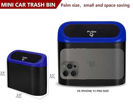 Ginsco 2 Pack Mini Car Trash Can with Lid, Small Car Garbage Can, Cute Leakproof ABS Car Trash Bin, Car Accessories for Interior, Garbage Bin for Car, Home, Office with 120pcs Trash Bags Black/Blue