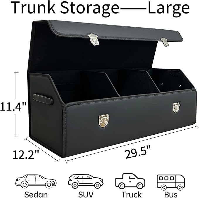 Trunk Organizer for Car With Lid,Foldable Trunk Organizer for SUVs & Sedans,Multi-Functional Leather Storage Box- Black - Large