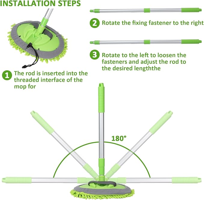 GIANT BEAR Car Wash Brush with Long Handle, 42.9" Microfiber Chenille Mitt Not Hurt Paint Scratch Free Aluminum Alloy Cleaning Tool -4 in 1,Glass Window Scrabber Detail Wheel Brush