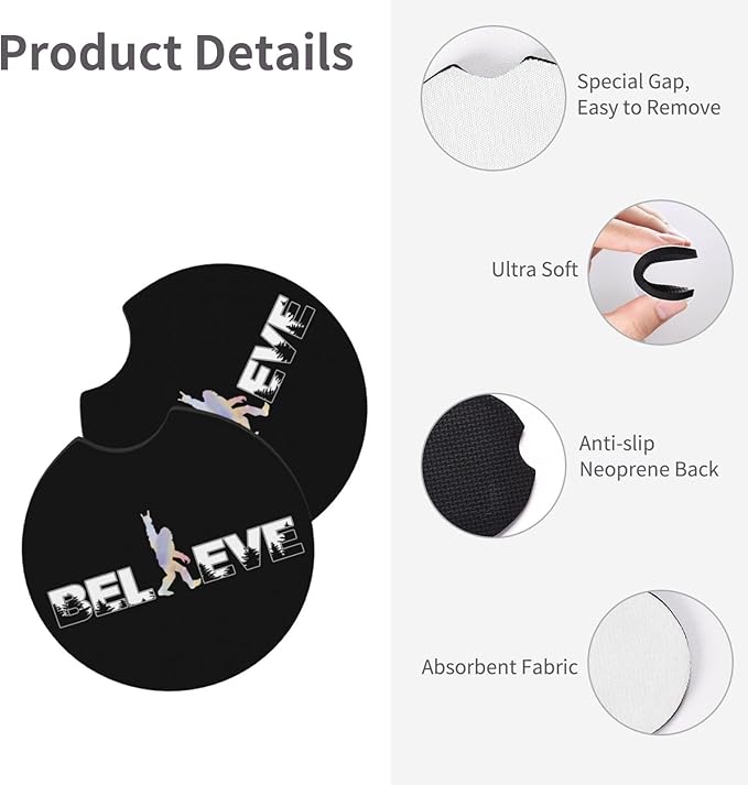 Believe in Bigfoot Sasquatch Car Coasters for Cup Holders Pack of 2 Neoprene Cup Mat Pad Vehicle Interior Accessories for Men Women