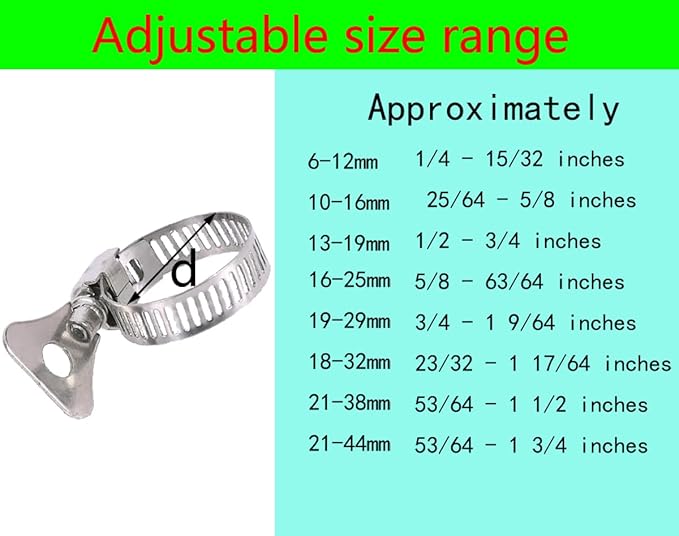 10-Piece Set of 304 Stainless Steel Hose Clamps, Adjustable Spiral Hose Clamps, Key type hose clamps for Plumbing, Automotive, Mechanical and More Applications.(Size:19-29mm【3/4"-1 1/8"】)