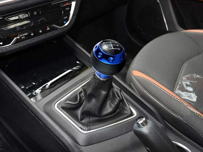 Lunsom 5 Speed Leather Shift Knob, Manual Transmission Handle Ball Gear Stick Shifter Head Fit Most Transmission Vehicle (Blue&Black)