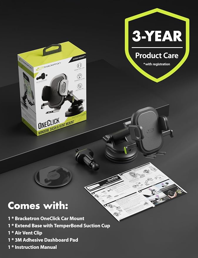 Bracketron Easy OneClick Cell Phone Holders for Your Car, Universal Car Mount Suction Cup for Dashboard Windshield Air Vent Truck Stand, for iPhone Samsung Google, All Smartphones & Car Models, Black