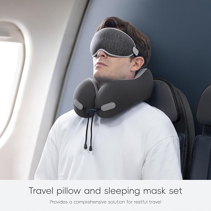 Neck Pillow for Travel Memory Foam Design Models Pillows with Zero Eye Pressure 3D Eye Mask and Compact Bag Traveling Essentials Plane Car Flight Rest Sleeping Use Adult, Dark Gray