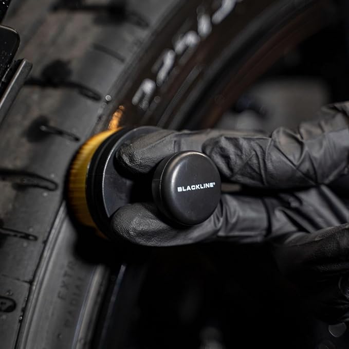 Blackline Reusable Tire Shine Applicator Brush – Soft Bristle Tool for Even Application, Ergonomic Grip with Drainable Stand, Mess-Free Gel & Liquid Tire Dressing Brush for Trim and Rubber Surfaces