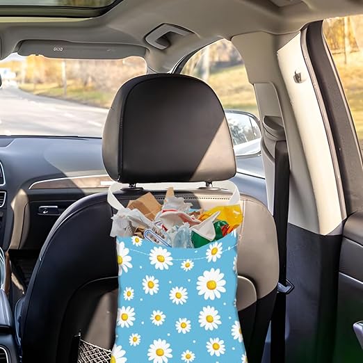 Daisy Flower Print Car Trash Bag Hanging Garbage Bag with Snap Buttons Car-Back Seat Trash Storage Portable Dustbin for Men Women Car Interior Accessories Travel Camping