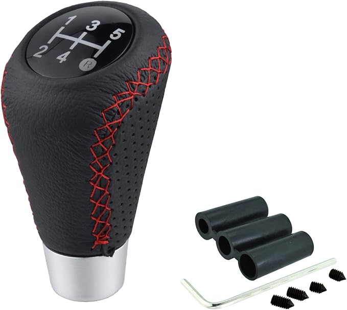 Lunsom 5 Speed Shift Knob, Leather Gear Shifter Knob Alloy Shifting Lever Head Handle Shifting Replacement Head Fit Manual Transmission Vehicles (Red Suture)