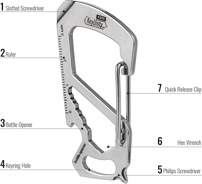KeyUnity KS00 Carabiner Clip Multitool Stainless Steel 7 Tools in 1, Quick Release Clasp, Wrench, Cross Screwdriver, Slotted Screwdriver, Bottle Opener, Ruler, Key Holder (Silver)