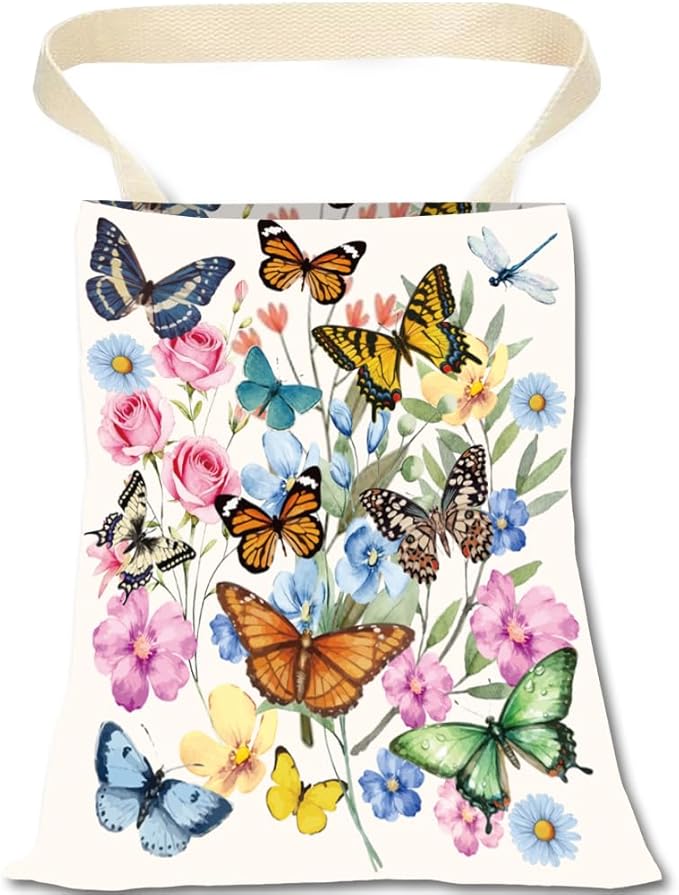 Car Garbage Bag Hanging Butterfly Car Trash Can Flowers Insect Pattern Polyester Washable Waterproof Cute Organizer Storage Bin for Vehicle Interior Travel Accessories Reusable Leak Proof