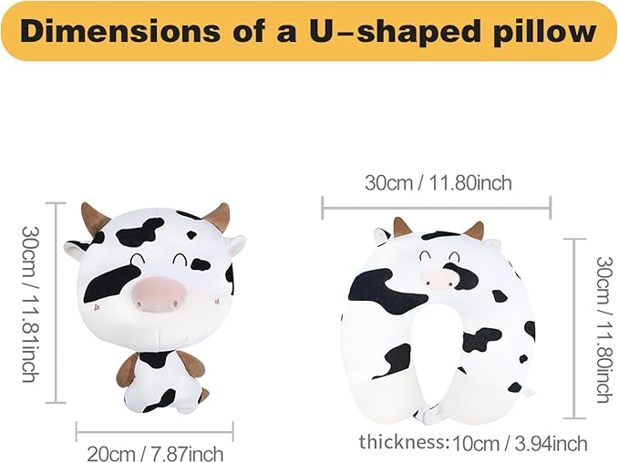 Kids Travel Pillow - 2-in-1 Deformable Kids Neck Pillow for Traveling, Soft U-Shaped Pillow with Adorable Animal Design, Comfy Sleep and Play, Ideal for Airplanes and Traveling-Milk Cow