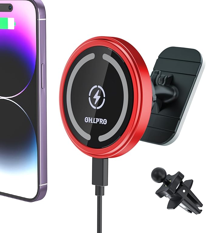 OHLPRO for Magsafe Car Mount Charger for iPhone 17 Pro Max, Dashboard Magsafe Car Phone Holder for 16 15 14 13 12 Pro/Pro Max/Plus/Mini,15W Fast Charging Vent Mount, Super Fashion & Hands Free, Red