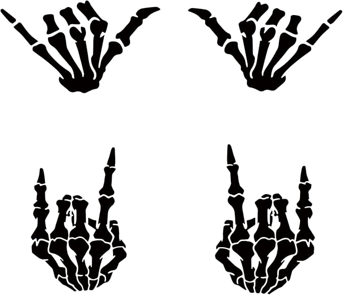 (4PCs) Skeleton Hand Decal Set Black Vinyl Stickers Waterproof Durable Easy to Apply Rock On Hang Loose Skeleton Hand Car Truck Bumper Laptop Window Decoration 3 Inches (Black)