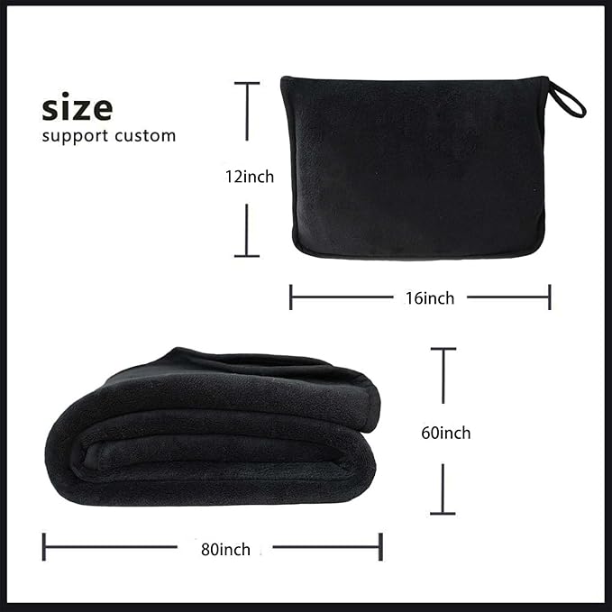 Travel Blanket Pillow, Soft Airplane Blanket 2-in-1, Travel Blanket Airplane Compact with Bag, Travel Essentials Accessories for Plane and Car,60x80 Black