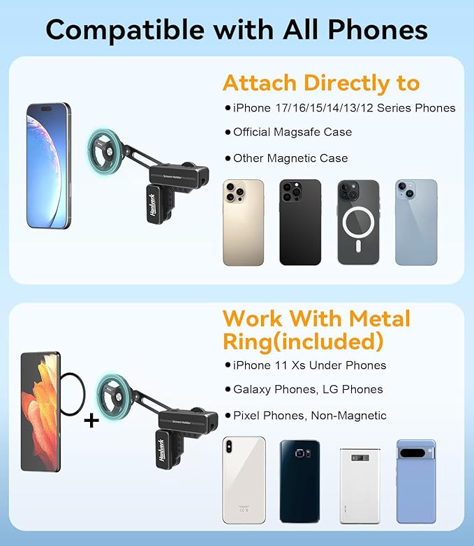 Screen Clip Phone Holder, Magnetic Car Phone Mount for Tesla Model 3/Y/S/X/Cybertruck, Adjustable Extendable Cellphone Holder for MagSafe for iPhone 17 16 15 14 13 12 Series, and More(Classic Model)