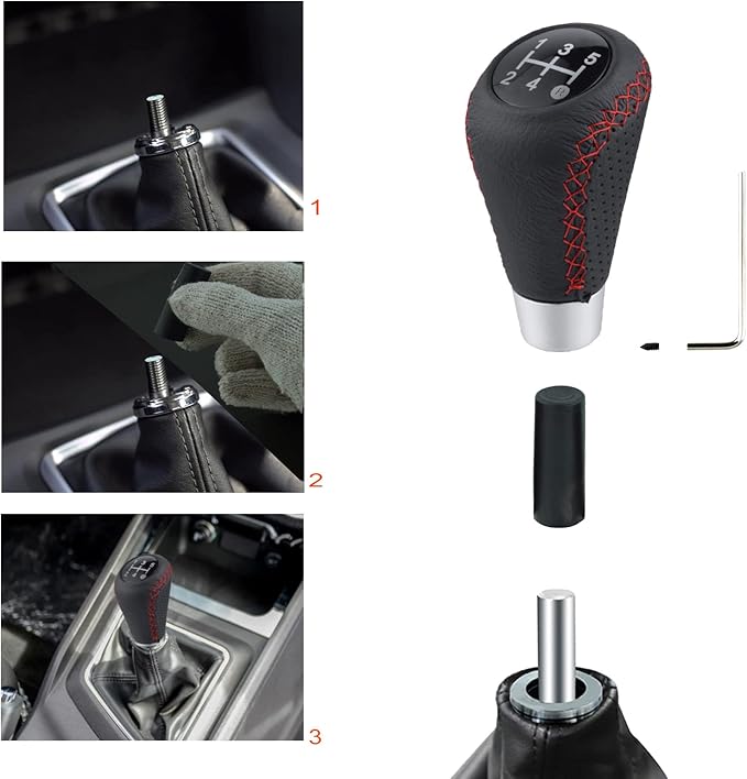 Lunsom 5 Speed Shift Knob, Leather Gear Shifter Knob Alloy Shifting Lever Head Handle Shifting Replacement Head Fit Manual Transmission Vehicles (Red Suture)