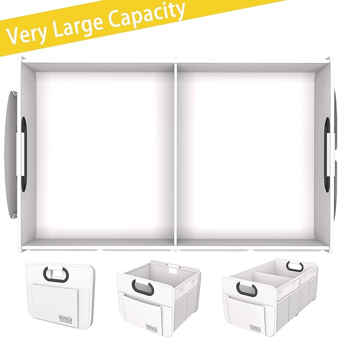 Homeve Car Trunk Organizer, Reinforced Handles, Collapsible Multi-Compartment Car Organizer, Foldable & Waterproof, 600D Oxford Polyester (White, 2 Compart-Small)