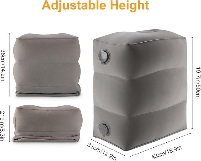 Inflatable Travel Foot Rest Pillow, Kids Airplane Bed, Adjustable Height Leg Pillow, Make a Flat Bed for Toddler, Fits for Airplane, Car（Grey, 2 Pack）