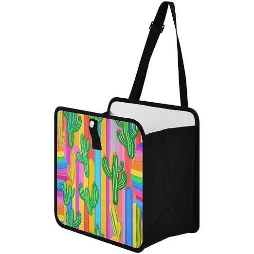 Rainbow Color Stripes and Cactus Car Trash Can Foldable Hanging Waterproof Medium Automotive Garbage Cans Trash Bin Storage Bag Car Dustbin Organizer Accessories Large 11x11x5.9