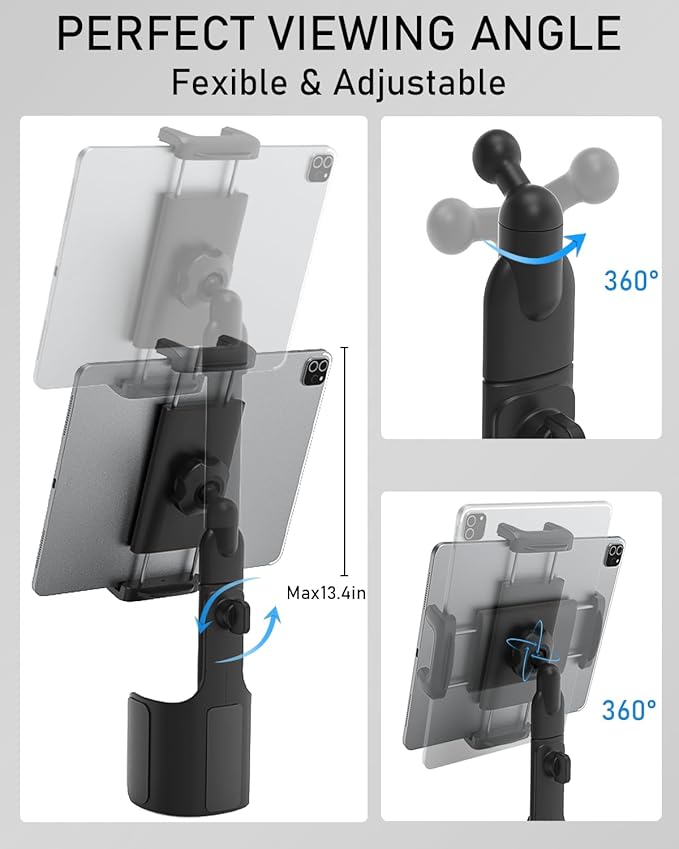 3 in 1 Car Tablet Cup Holder, Car Cup Tablet Mount for Car/Truck, Car Travel Essentials, Compatible with iPad Pro Air Mini, Fire HD, iPhone 16, Galaxy S24 Z Fold 5 or Other 4.7-12.9" Devices