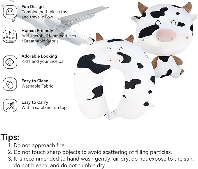 Kids Travel Pillow - 2-in-1 Deformable Kids Neck Pillow for Traveling, Soft U-Shaped Pillow with Adorable Animal Design, Comfy Sleep and Play, Ideal for Airplanes and Traveling-Milk Cow