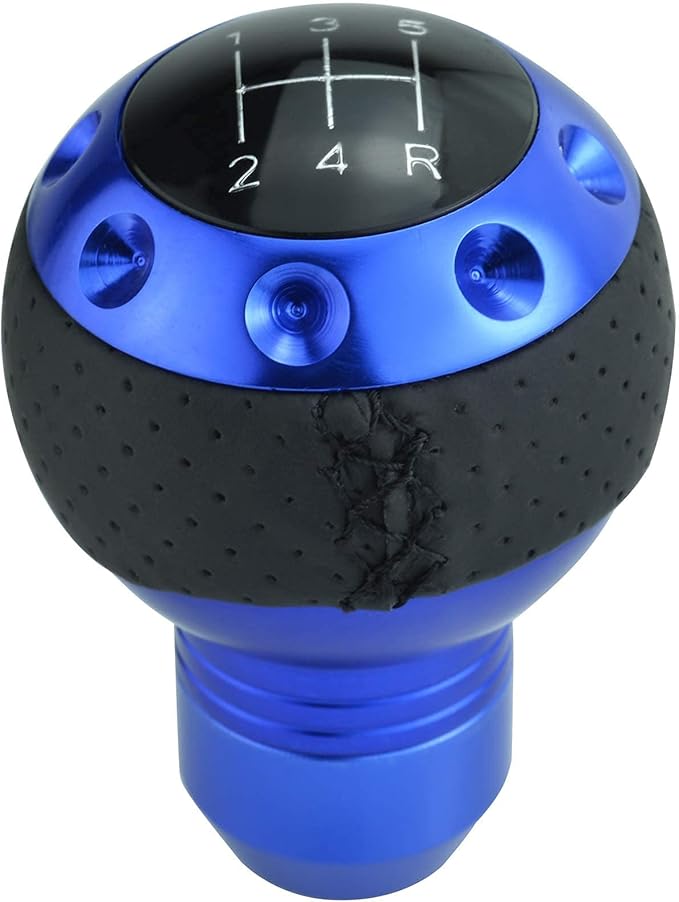 Lunsom 5 Speed Leather Shift Knob, Manual Transmission Handle Ball Gear Stick Shifter Head Fit Most Transmission Vehicle (Blue&Black)