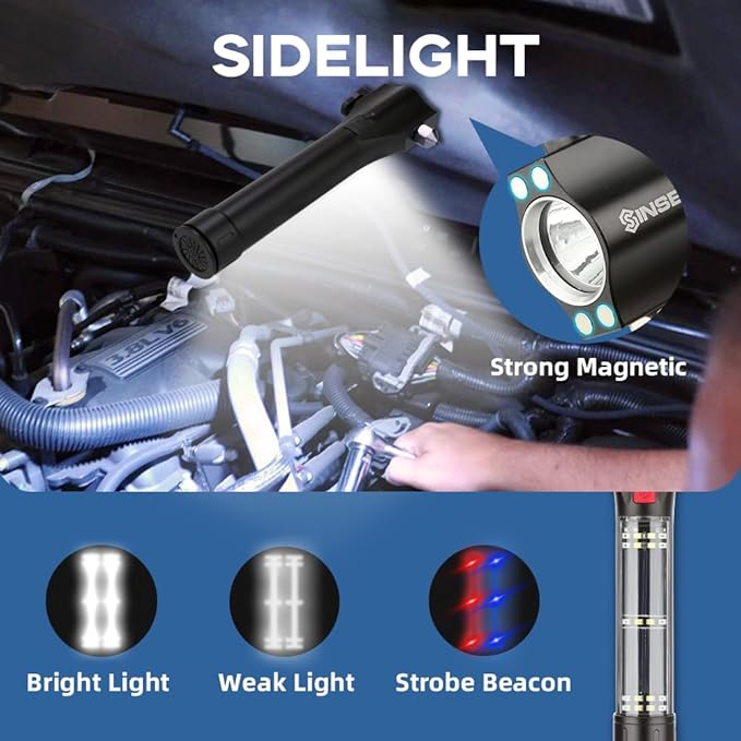 SINSEN Car Safety Hammer Flashlight, Tactical Emergency Rescue Tool, LED High Lumens Rechargeable Solar Powered Escape Kit, Window Glass Breaker and Seatbelt Cutter, Self Defense Multi-Function Torch