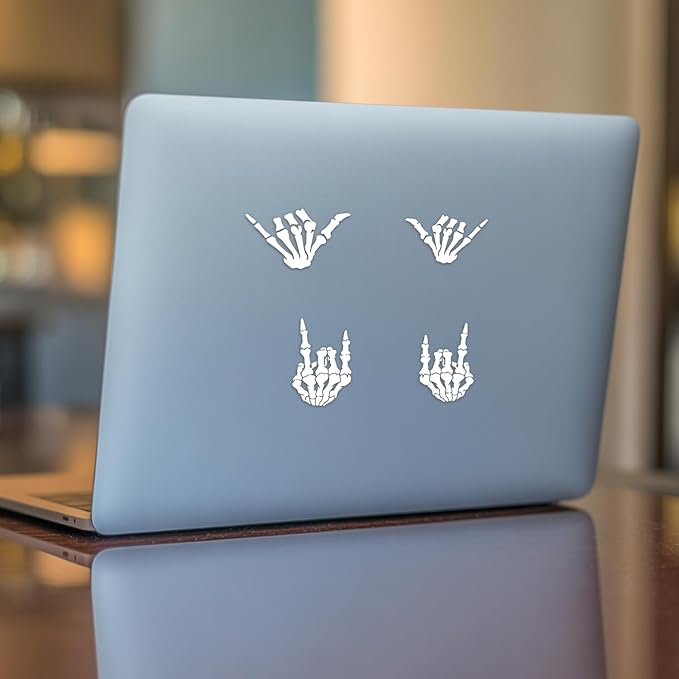 (4PCs) Skeleton Hand Decal Set White Vinyl Stickers Waterproof Durable Easy to Apply Rock On Hang Loose Skeleton Hand Car Truck Bumper Laptop Window Decoration 3 Inches (White)