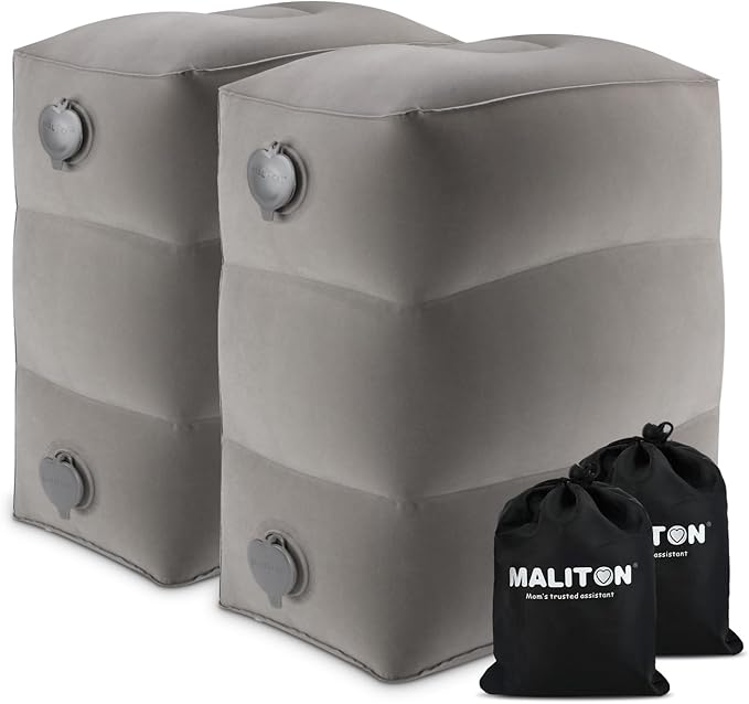 Inflatable Travel Foot Rest Pillow, Kids Airplane Bed, Adjustable Height Leg Pillow, Make a Flat Bed for Toddler, Fits for Airplane, Car（Grey, 2 Pack）