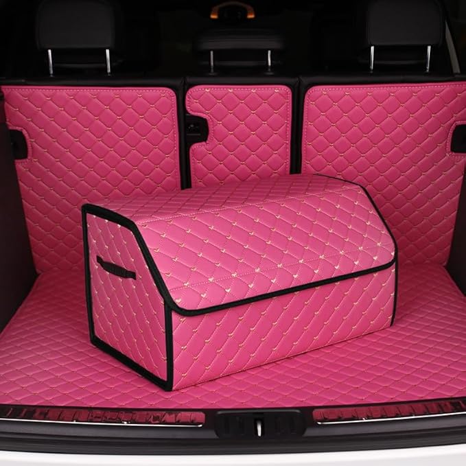 car organizers and storage for SUV,trunk organizer for sedan, leather foldable sleek box with lid,collapsible cargo bins, tool accessories containers,Pink women (17.71 inch)