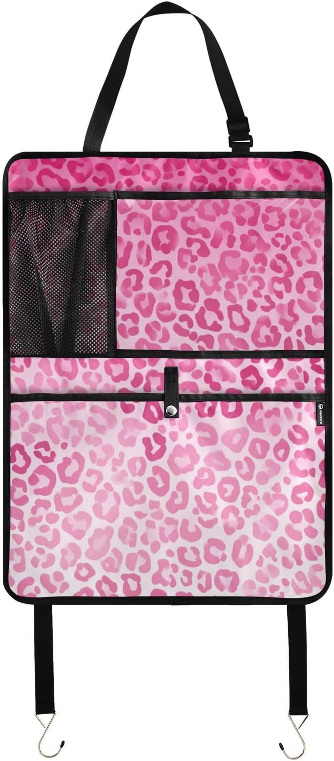 1 Pack Back Seat Car Organizer with Storage Pockets Kick Mats Back Seat Protector Hanging Car Organizer Automotive Seat Back Cover Organizers Gradient Pink Leopard Print