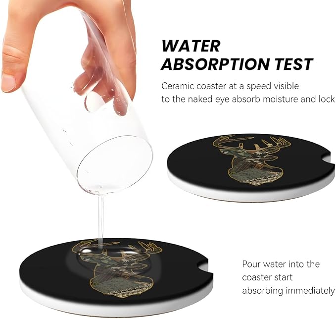 Car Coasters for Cup Holders, 2 Pack Absorbent Ceramic Anti Slip Universal Car Interior Accessories 2.56 Inch Cup Coaster for Women Men - Camo Deer