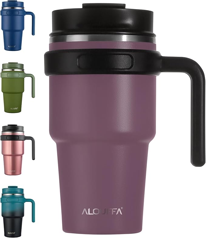 ALOUFEA 20 oz Insulated Coffee Mug Tumbler with Handle, Stainless Steel Travel Mug Tumbler with Lid and Straw, Double Wall Vacuum Leak Proof Ice Coffee Thermal Cup, Plum
