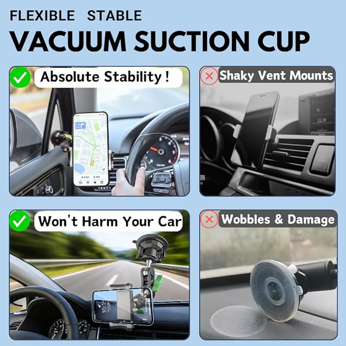 Suction Cup Phone Mount, Ultra-Stable Phone Holder for Vlog Shooting, 360 Rotation for Windshield, Roof Glass, Car Window, Fit for All Smartphones