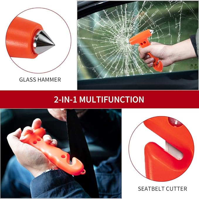 Car Safety Hammer 2-Pack, Auto Emergency Escape Hammer with Window Breaker and Seat Belt Cutter, Striking Red Emergency Escape Tool for Car Accidents